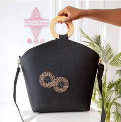 Black Jute Handbag with Wooden handles